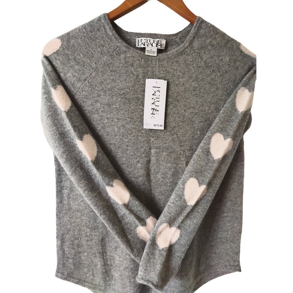 Future Paradise Cashmere Hearts Sweater Gray Pink Long Sleeve Size XS NWT - Picture 7 of 10